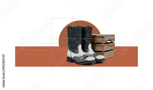 Black and white farmer?s boots placed beside wooden crate, oversized terracotta rectangle anchoring the composition, warm brown circular accent behind boots,