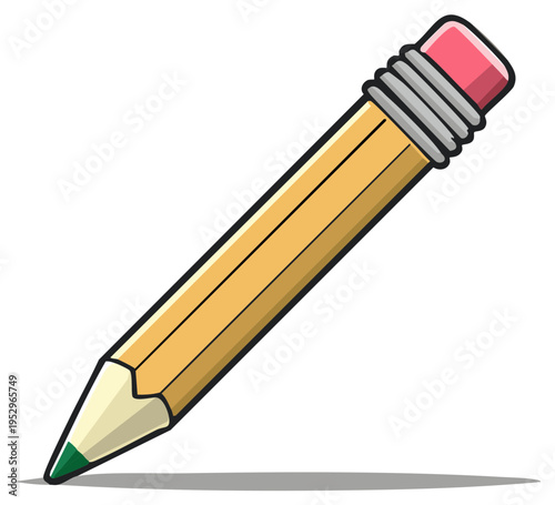 Cartoon illustration of a classic yellow pencil with a green lead and pink eraser