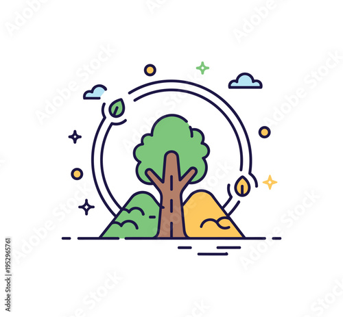 Protected sacred grove symbolized by a stylized tree enclosed within a gentle circular frame, conveying preservation, cultural heritage, and environmental
