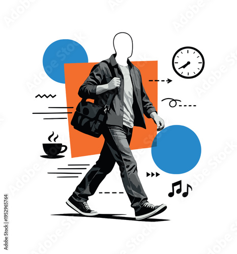 A conceptual comic daily routine composition featuring a faceless figure walking with a bag, black and white realistic body fragments combined with abstract