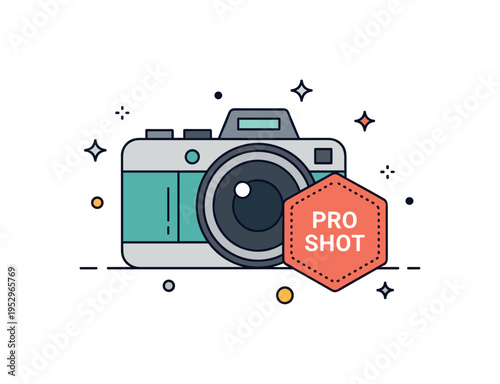 Photography business branding featuring a camera combined with a small badge labeled Pro Shot and subtle star details around it. The illustration reflects