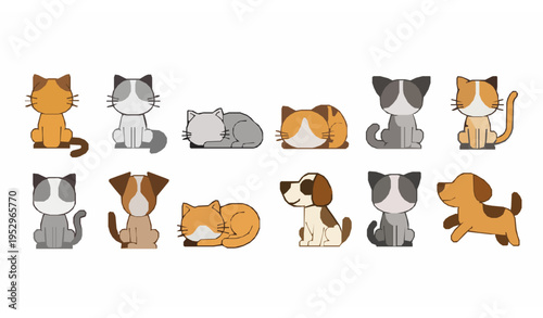Cute cats and dogs flat vector collection with adorable pet characters in different poses isolated on white background