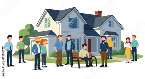 Cartoon Illustration of a Two-Story House with People Gathering.