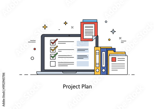 Laptop and documents project management scene showing an open laptop with task checkmarks and a small stack of labeled folders nearby, reflecting coordination