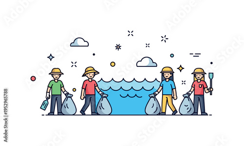 Community ocean cleanup campaign illustrated through small volunteer silhouettes holding trash bags beside stylized water, conveying teamwork, activism, and