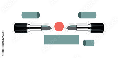 Black and white pair of lipsticks mirrored symmetrically, vibrant coral circle centered between them, muted teal geometric rectangle offset below, abstract
