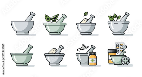 Collection of Mortar and Pestle Icons Representing Pharmacy and Herbalism.