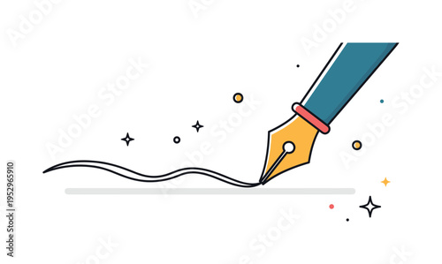 Ink and nib composition close up view of a stylized pen tip touching paper with a smooth flowing line emerging, conveying fluid motion and expressive