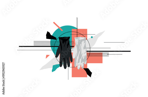 black and white disposable gloves placed neatly side by side, framed by teal geometric circle and coral rectangular forms, thin horizontal lines and abstract