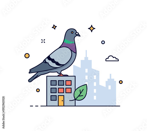 Urban fauna coexistence visualized by a pigeon perched on a simplified city block silhouette with a small leaf detail, highlighting wildlife presence within