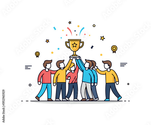 Team victory celebration concept shown by simplified figures raising a small trophy together with confetti details, conveying unity, cooperation, and shared