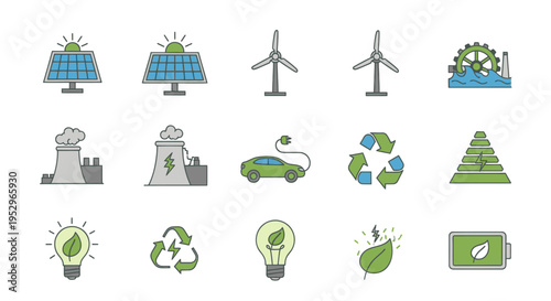 Collection of colorful eco-friendly energy and sustainability icons including solar panels wind turbines and recycling symbols.
