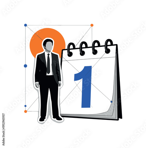 Black and white businessperson standing beside a large geometric calendar page marked with a bold blue number one, bright orange circular halo behind the upper