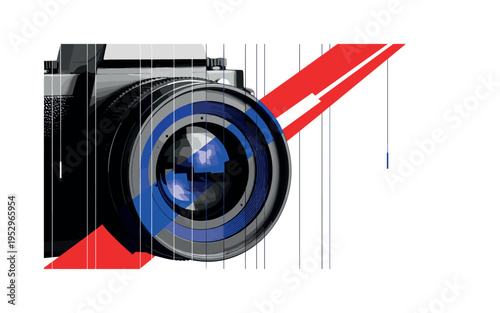 Black and white image of a camera lens enlarged centrally, bold blue concentric circular outlines emphasizing depth, abstract red diagonal bar slicing across