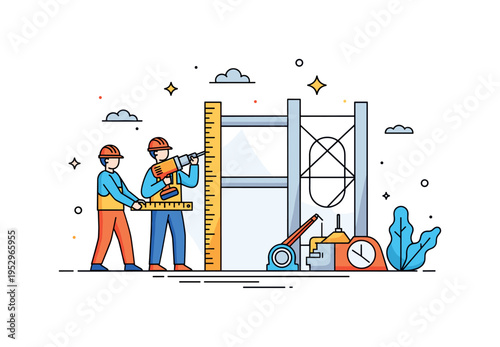 Heavy duty construction teamwork showing two workers in helmets operating a power drill and measuring equipment beside a rising frame structure, symbolizing