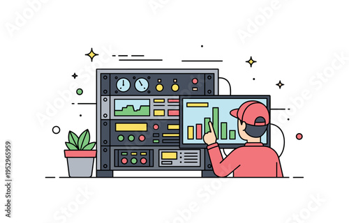 Studio technical operations compact rack of equipment with blinking indicator lights and a technician monitoring signal levels on a screen, conveying