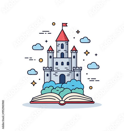 High fantasy castle rising from an open novel with small cloud and star icons surrounding it. The image conveys world building, mythical kingdoms,