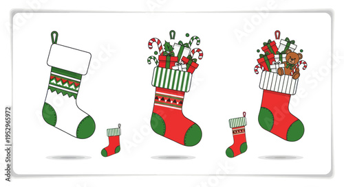 Festive Christmas stockings filled with gifts and candy canes in red green and white.