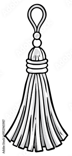 Hand drawn black and white illustration of a decorative hanging tassel