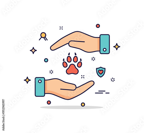 Wildlife protection initiative illustrated by a small animal paw icon gently held between two caring hands, expressing compassion and conservation efforts. The