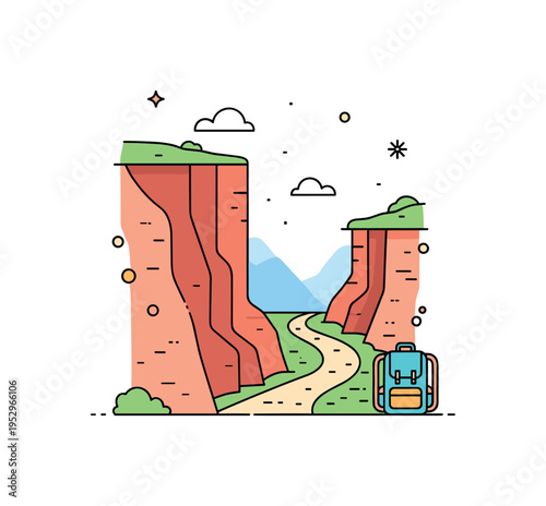 Hiking canyon trail scene shown as a narrow winding path along the cliff edge with a tiny backpack icon suggesting exploration and outdoor adventure. The clean