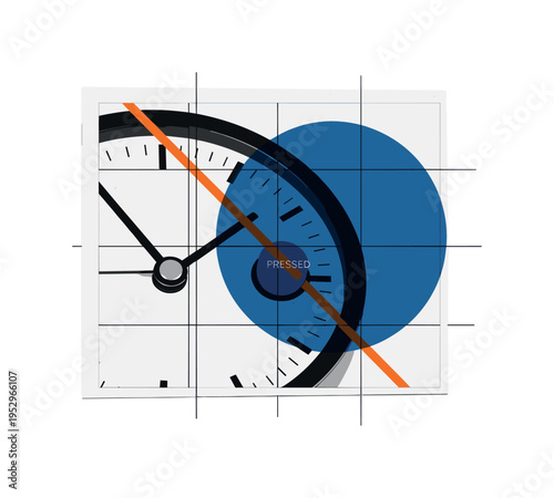 Black and white chess clock with one button pressed down, large deep blue circle highlighting urgency, orange diagonal accent representing time pressure, thin