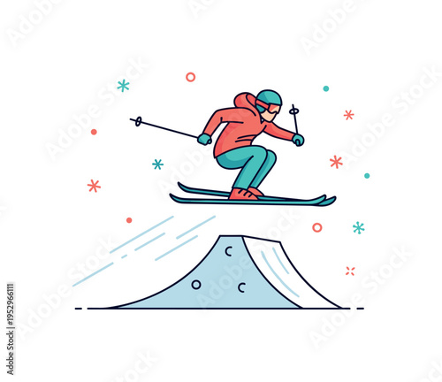 Freestyle skiing jump concept illustrated by a skier mid air above a small snow ramp with subtle motion lines trailing behind. The composition communicates