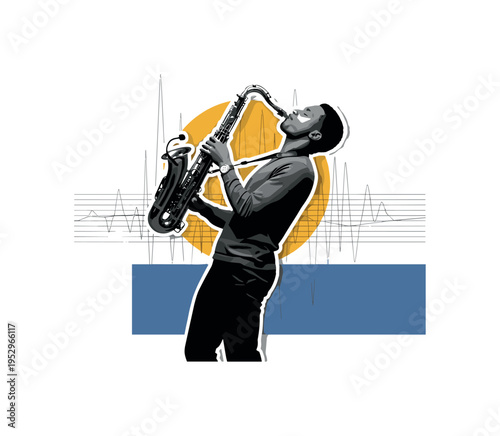 Black and white saxophonist in dynamic pose, bold mustard circular accent highlighting instrument, muted cobalt rectangular block grounding composition, thin
