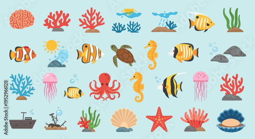 A colorful collection of flat vector icons depicting various sea creatures marine life and underwater elements.