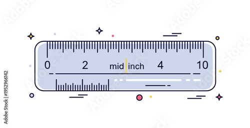 Transparent ruler close-up showing centimeter and inch scales with a highlighted midpoint mark. The scene communicates clarity, balance, and accurate