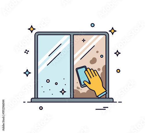 Dusty window before cleaning featuring a pane divided into a slightly clearer wiped section and a visibly dirty area, expressing transformation and