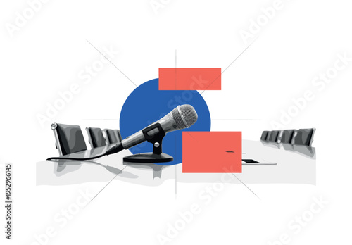 monochrome conference microphone placed on polished boardroom table, central minimal composition with cobalt blue circle and coral rectangular blocks, fine