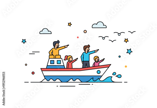 Family boat trip adventure theme featuring a compact vessel with playful figures pointing toward distant birds and minimal wave accents. A joyful visual