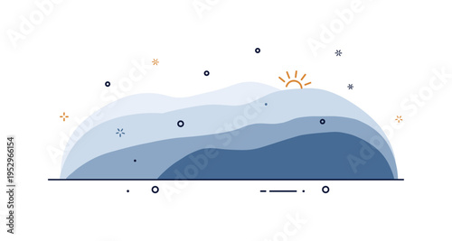 Morning mist in the hills layered hill silhouettes fading into soft gradient tones with small rising sun detail, expressing serenity and quiet dawn atmosphere.