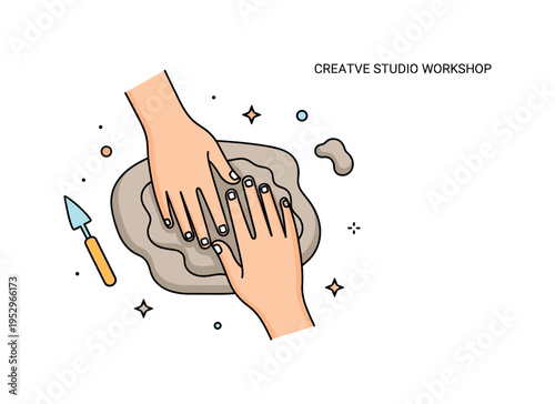 Creative studio workshop theme built around hands pressing into a clay surface with a small sculpting tool accent nearby, conveying tactile exploration and