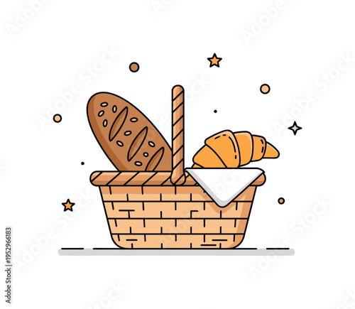 Rustic bread selection compact wicker basket with seeded loaf and golden croissant peeking out, symbolizing farmhouse tradition and simple culinary pleasure.