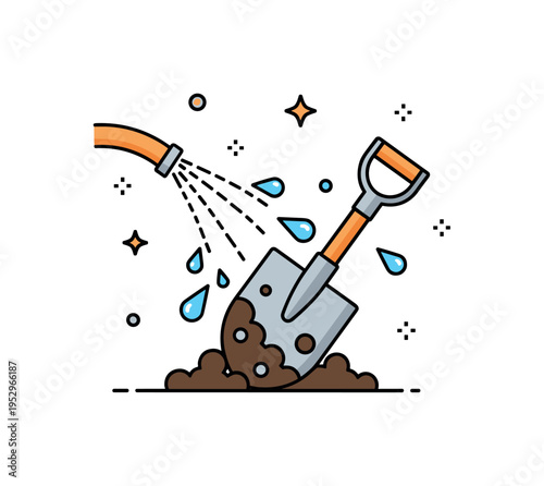 Post harvest tool wash symbolized by a hose spraying water over a muddy shovel with droplets scattering outward, expressing refreshment and end of day care.