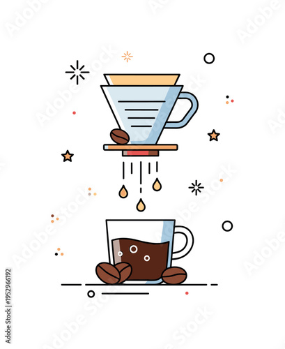 Specialty coffee brewing showing a simple pour over dripper placed above a cup with slow drip lines and bean accents. A refined visual metaphor for