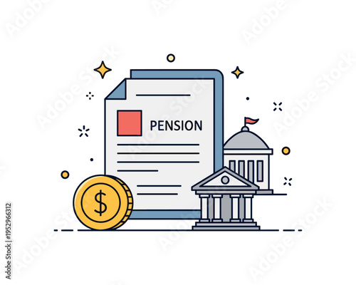 Social security and pension planning shown through a document icon paired with a small government building silhouette and coin symbol, conveying structured