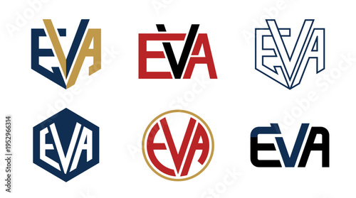 Six variations of the "EVA" logo, each with a distinct design and color scheme.