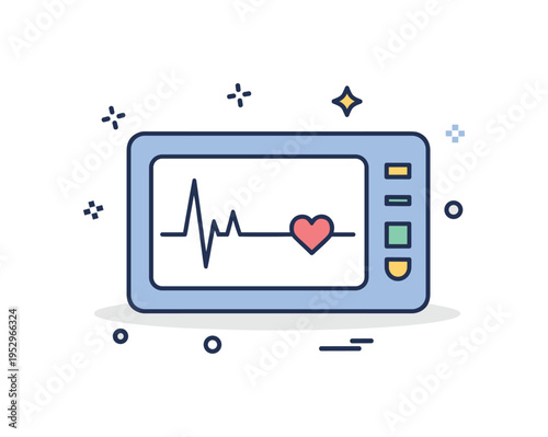 Birth monitoring equipment represented by a compact fetal heart rate screen with a rhythmic line and a small heart icon integrated into the waveform. The