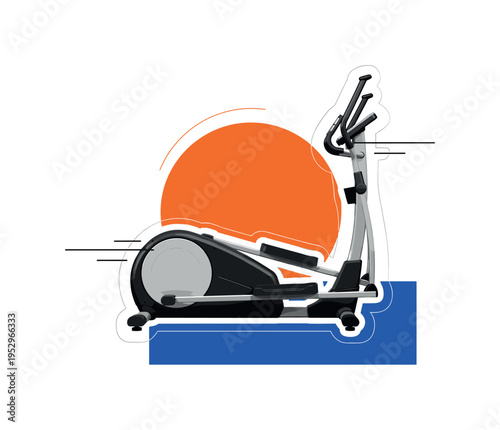 Black and white realistic elliptical machine in side view with smooth curved frame, oversized vibrant orange circle behind the flywheel echoing its shape, bold