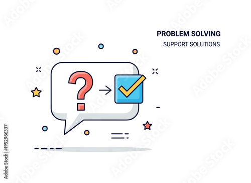 Problem solving support badge showing a question mark icon transforming into a check mark inside a speech bubble, expressing clarity, guidance, and successful