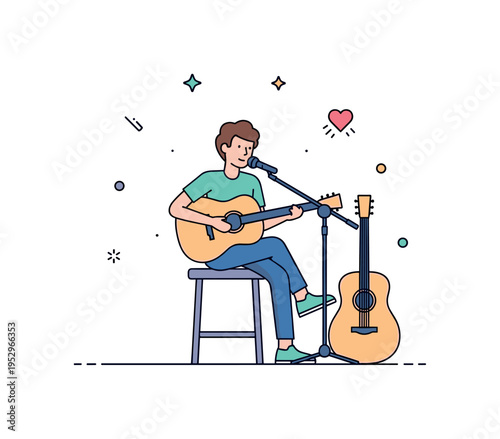 Acoustic singing session performer seated on a simple stool with guitar and microphone stand nearby, expressing intimate atmosphere and heartfelt melody.