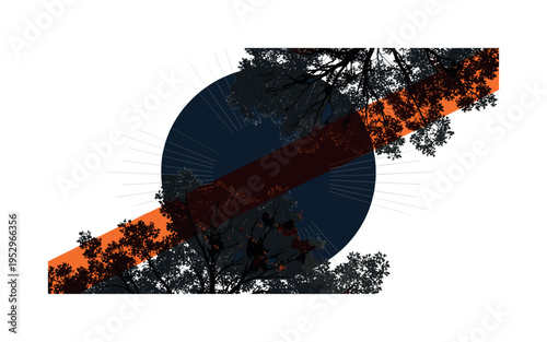 Monochrome treetop canopy viewed from below, dramatic contrast and vintage feel, large abstract circle behind in deep navy symbolizing sky, sharp orange