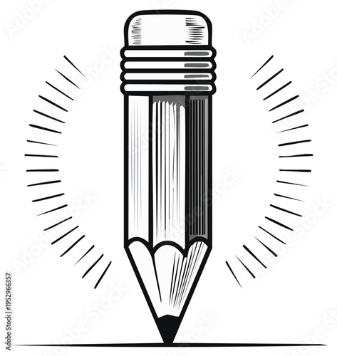 Hand Drawn Pencil with Radiant Lines Symbolizing Creativity and Ideas