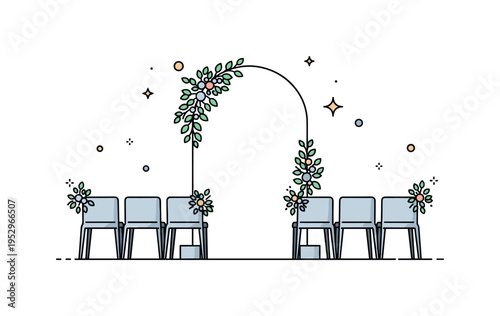 Modern minimalist wedding decor idea illustrated by clean arch frame with subtle greenery and simple seating arrangement, expressing contemporary elegance and