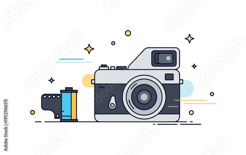 Film photography and darkroom sections vintage film camera beside a small roll of 35mm film with subtle light leak accents, expressing analog creativity and