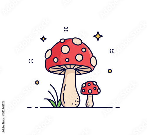 Fly agaric natural forest detail showing a small cluster of one large and one tiny spotted mushroom side by side, symbolizing growth and