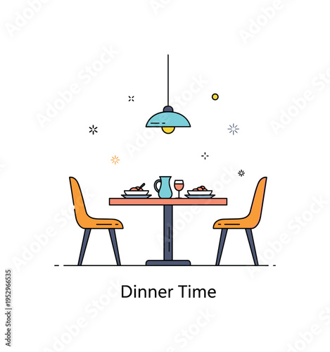 Interior dining area setup with a round table and two chairs under a minimalist pendant light, symbolizing connection and shared meals in a compact balanced